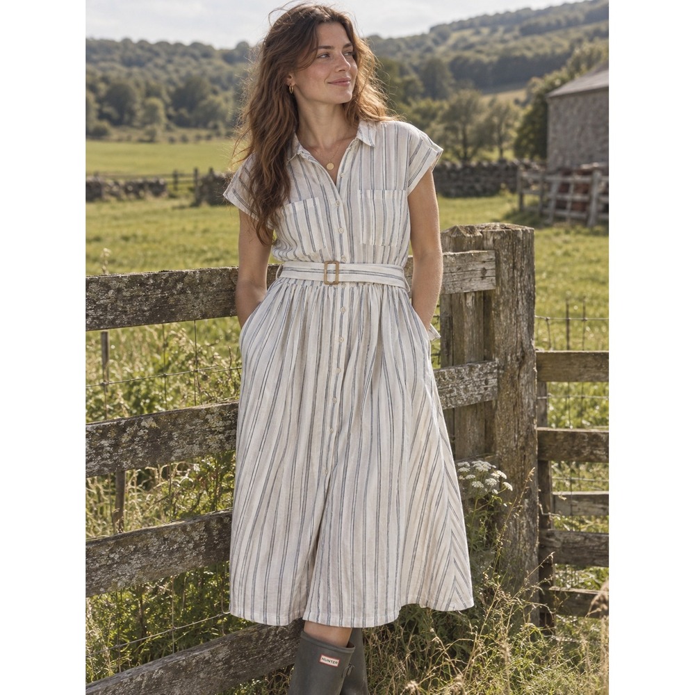 Universal Thread Shirtdress Womens Small White Striped Linen Blend Belted Midi